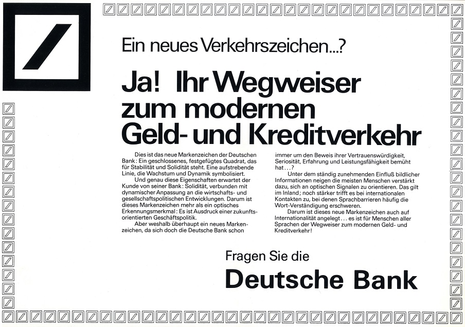 First Deutsche Bank advert with the new logo: „Ja! Ihr Wegweiser zum modernen Geld- und Kreditverkehr“ (Yes! Showing the way to modern money and credit transactions)