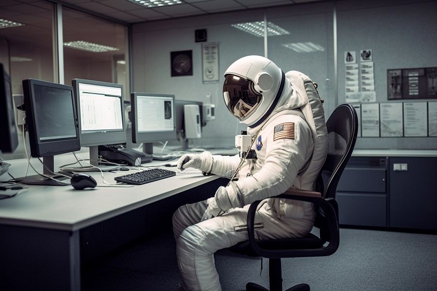 Astronaut working at a desk in an office environment (AI generated)