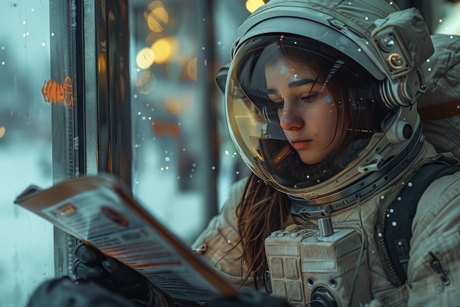 Woman astronaut reading (AI generated)