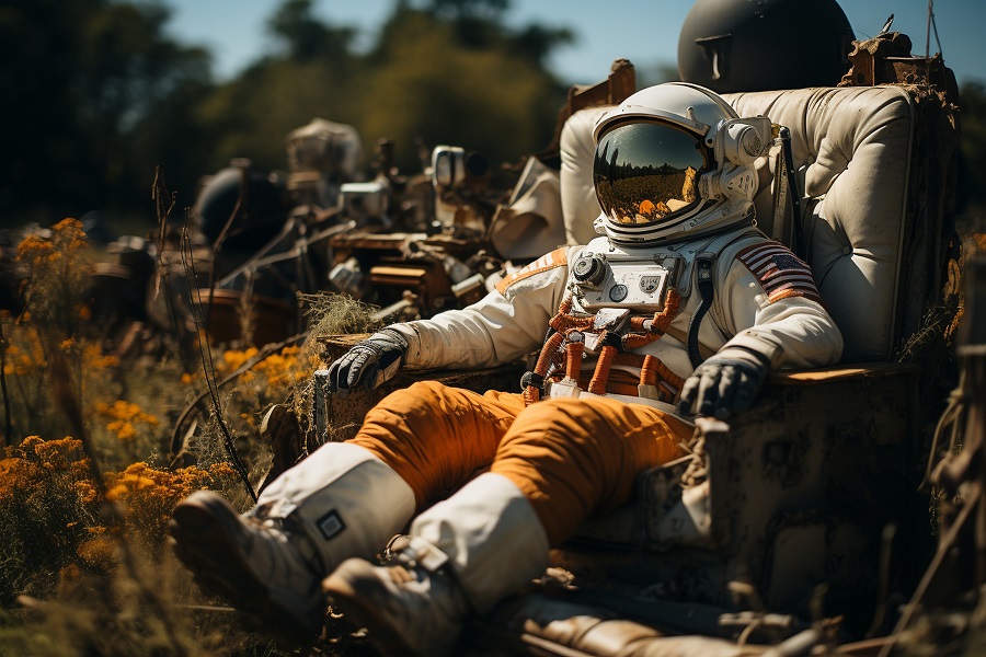 Astronaut relaxing in a field of flowers (AI generated)